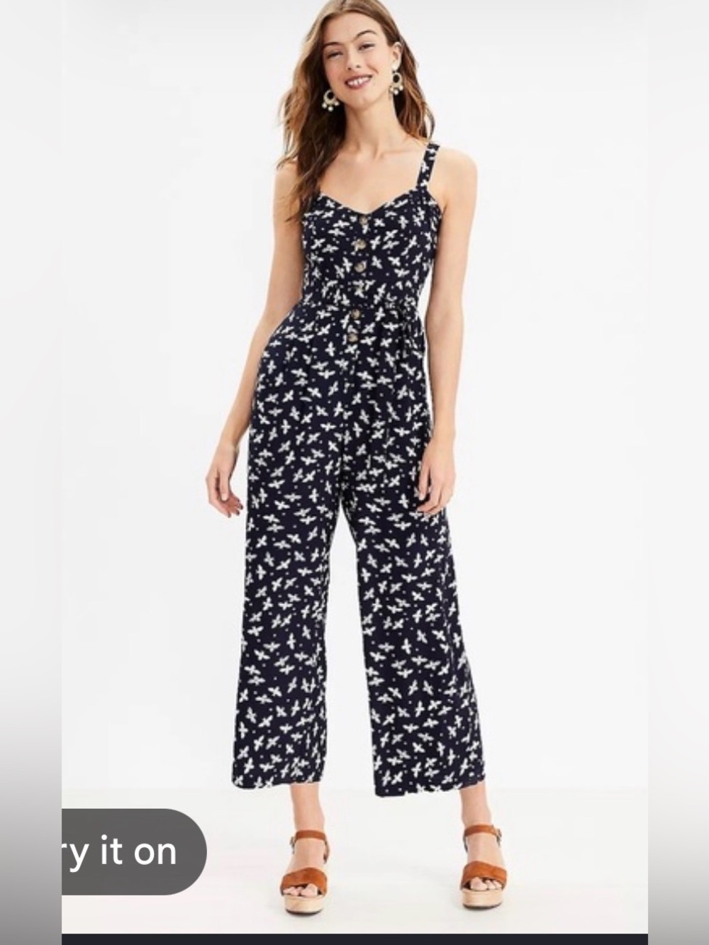 LOFT Navy Floral Button-Front Jumpsuit with Tie Hems